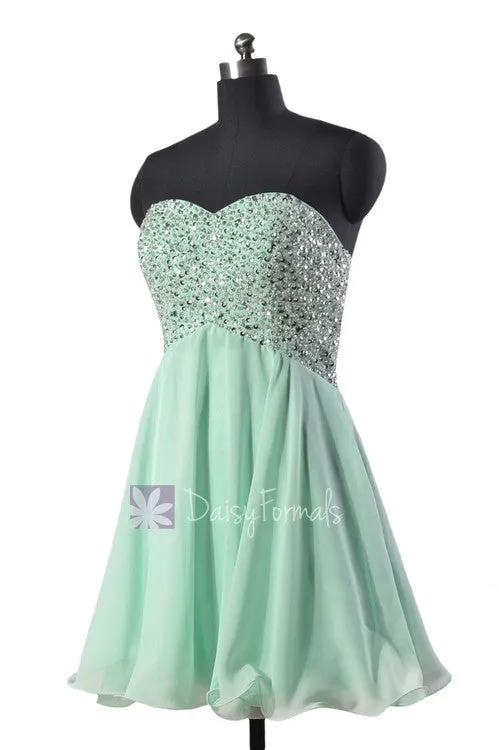 Beaded Empire Mini Length Prom Dress Sweetheart Mint Chiffon Evening Dress(PR140628)