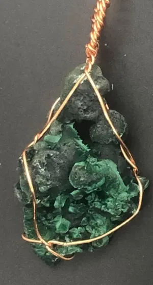Fibrous Malachite Crystal Copper Wirewrapped Pendant