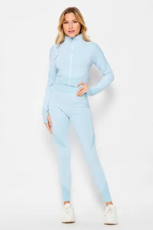 Lt.Seablue Honey Comb Active Cropped Jacket Leggings Set