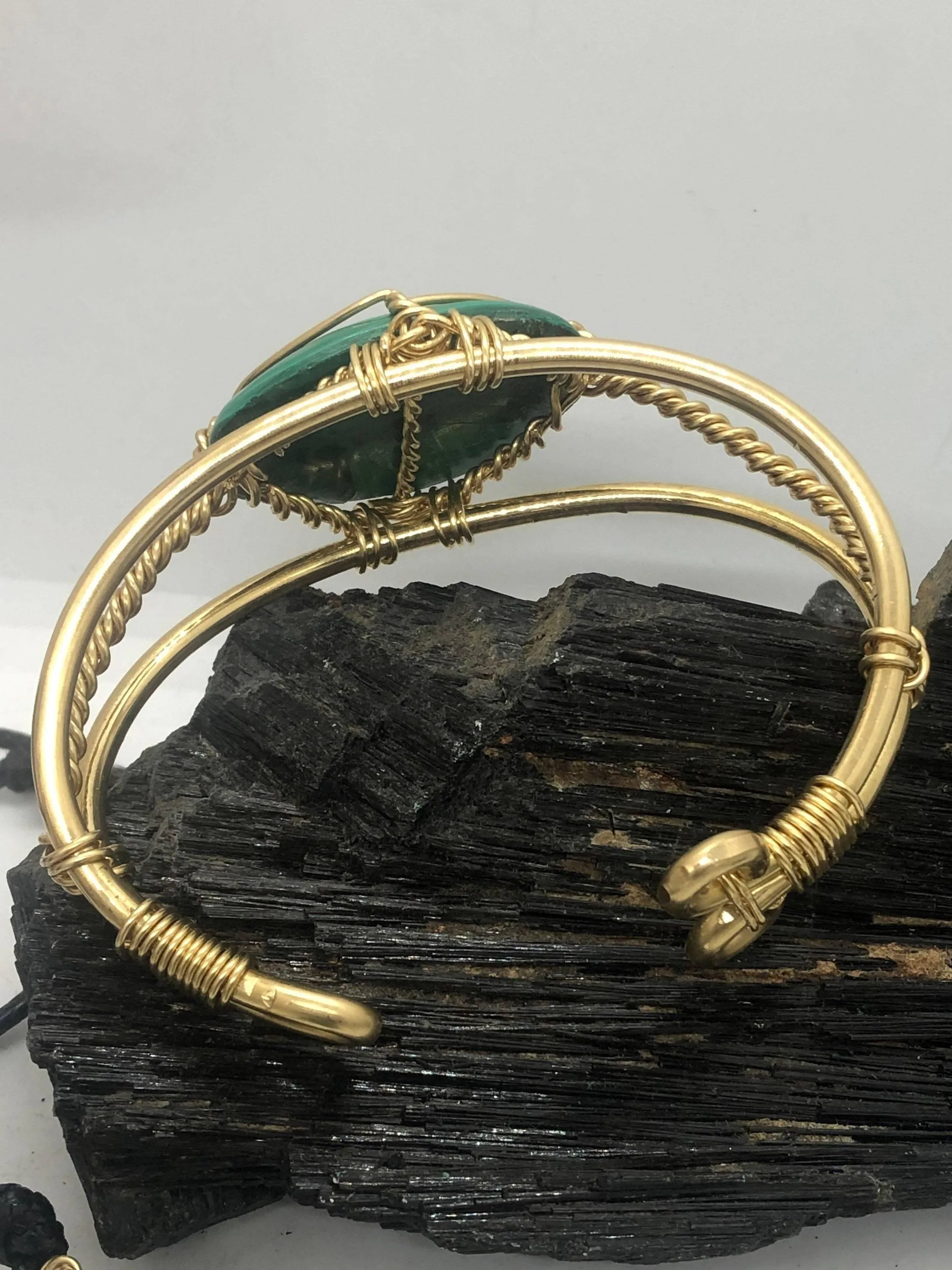 Malachite Brass 40x30mm Oval Bracelet Wire wrapped Handmade