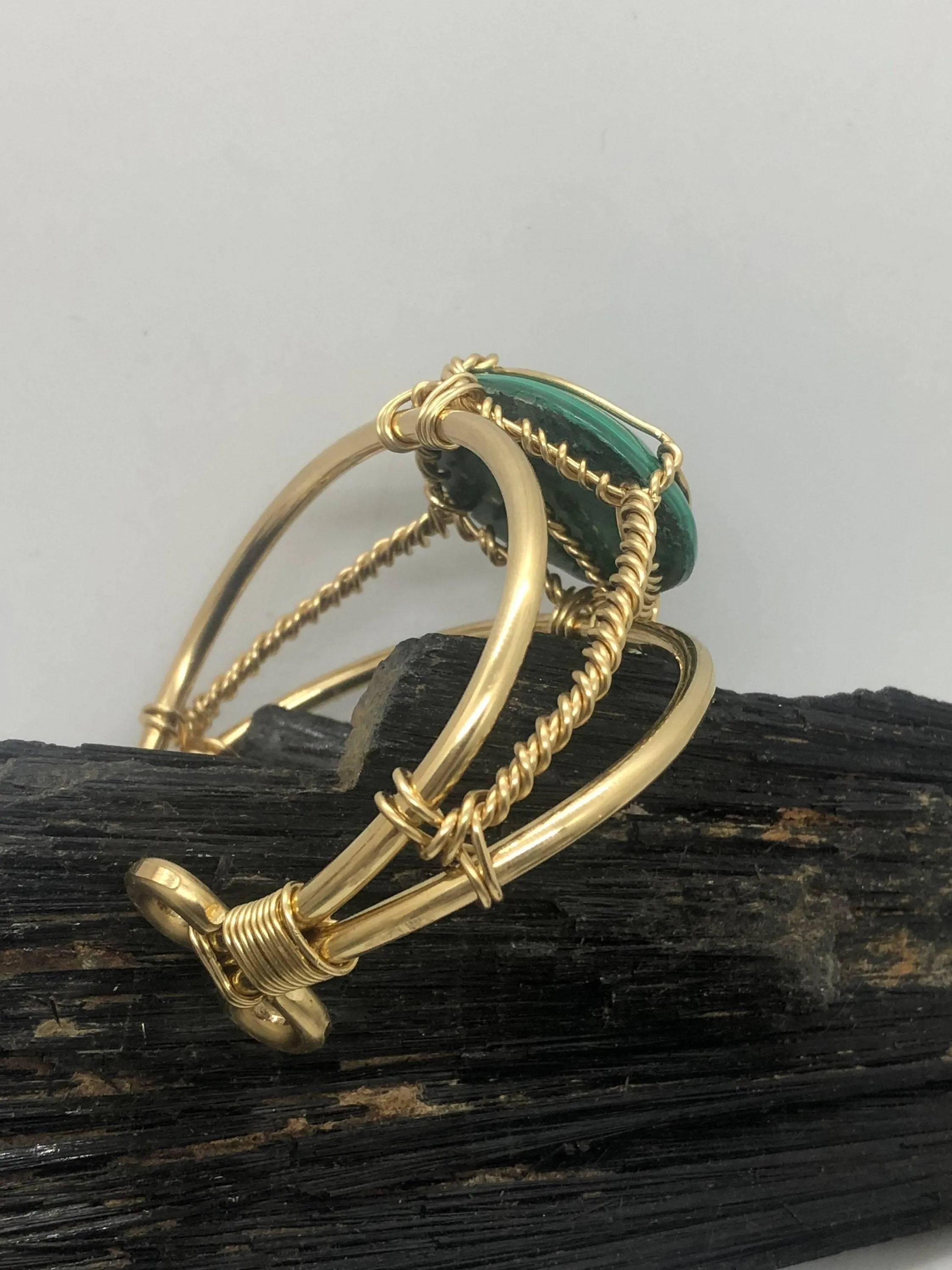 Malachite Brass 40x30mm Oval Bracelet Wire wrapped Handmade