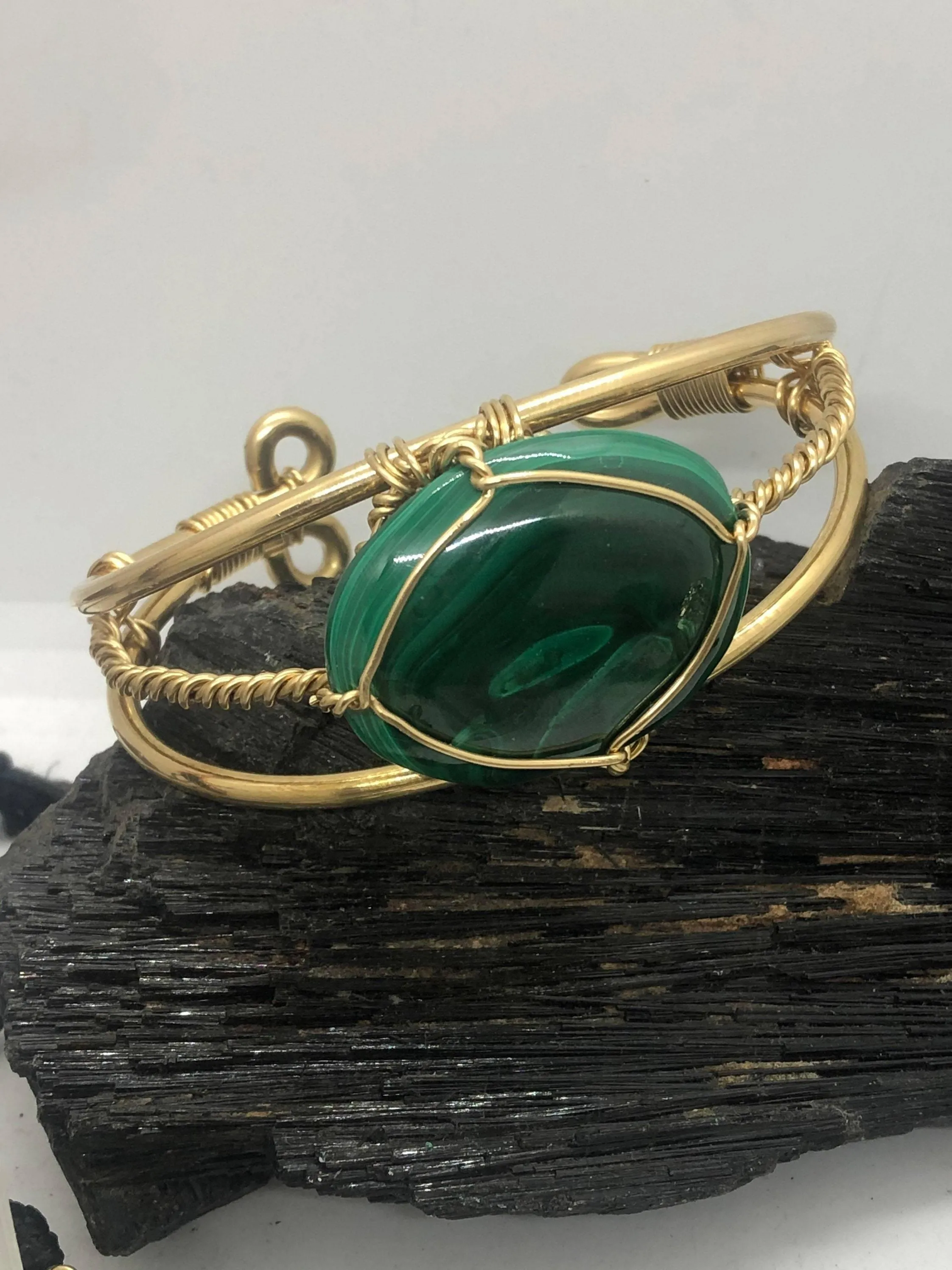 Malachite Brass 40x30mm Oval Bracelet Wire wrapped Handmade