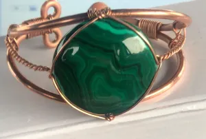 Malachite Cabochon 40 MM Round Copper Bracelet Wire wrapped Handmade