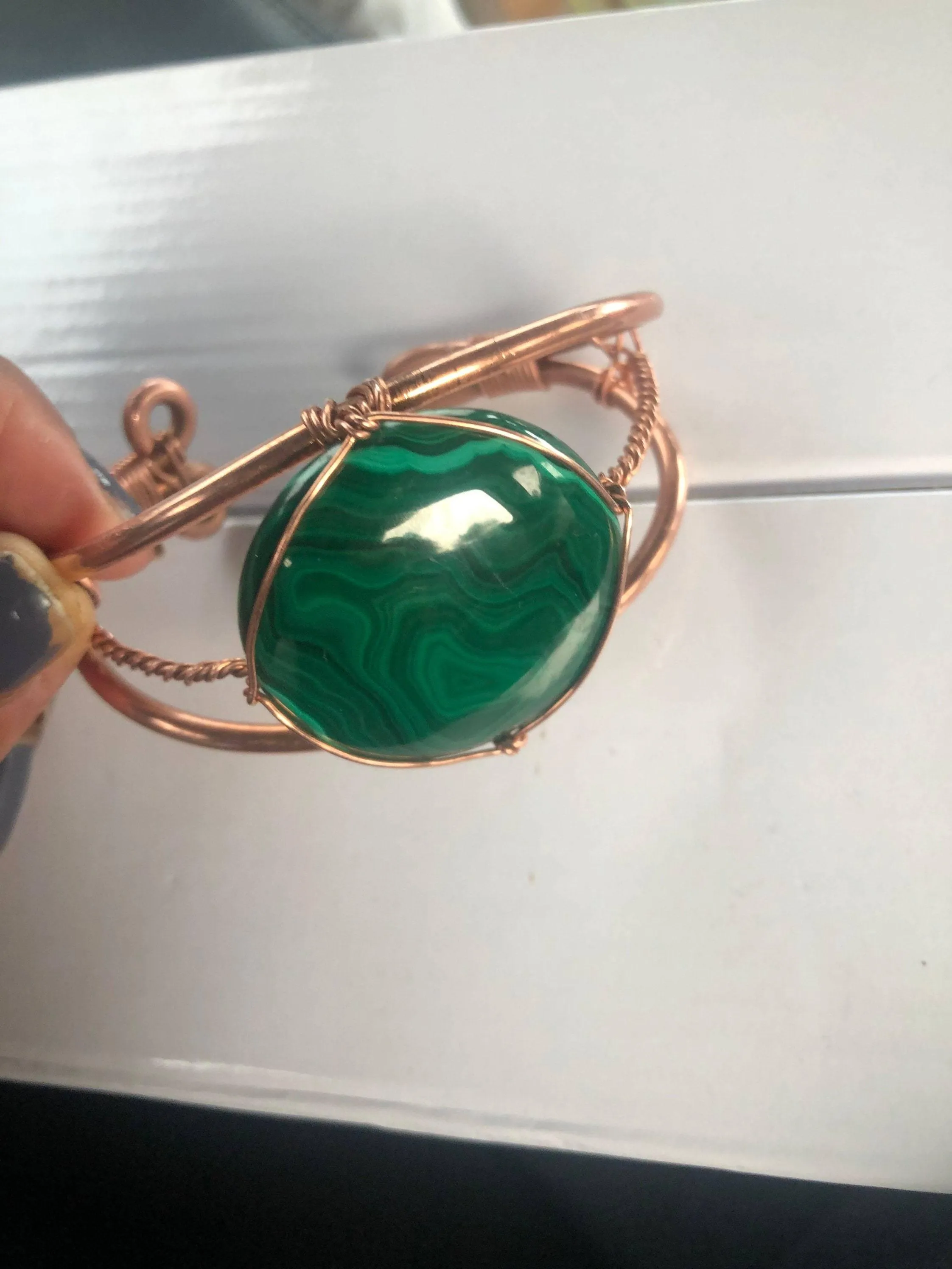Malachite Cabochon 40 MM Round Copper Bracelet Wire wrapped Handmade