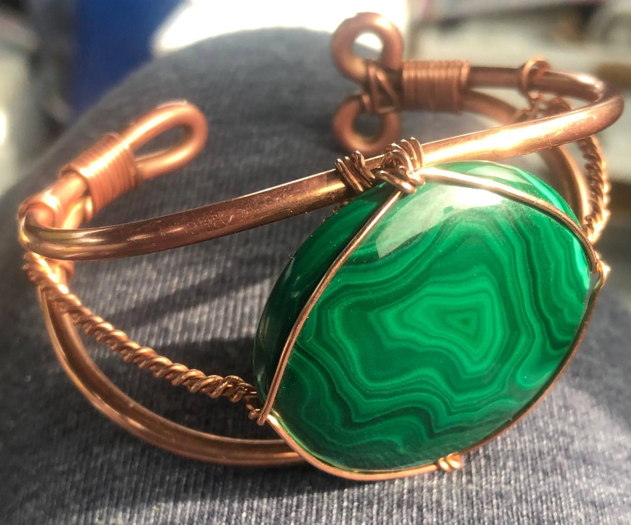 Malachite Cabochon 40 MM Round Copper Bracelet Wire wrapped Handmade