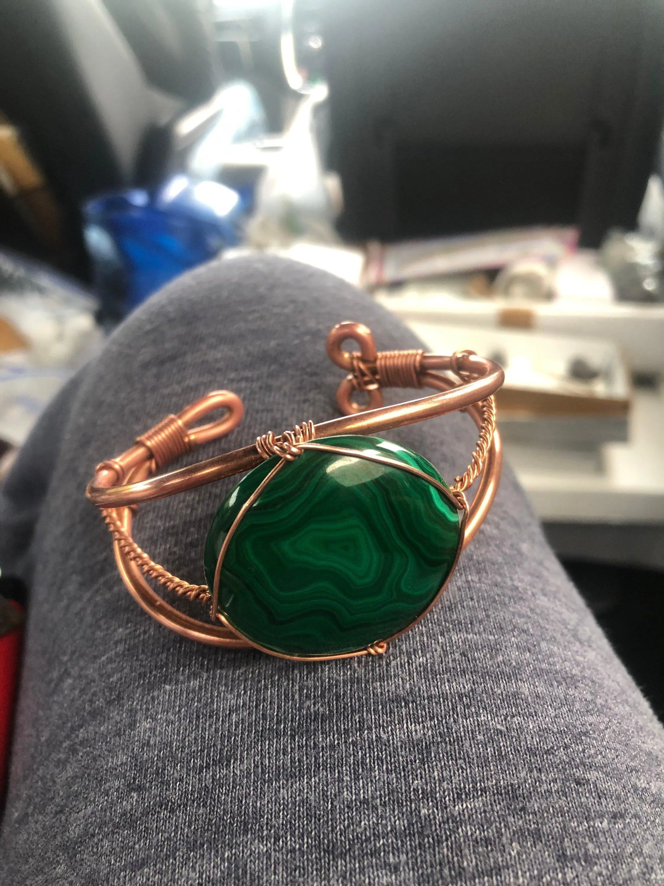 Malachite Cabochon 40 MM Round Copper Bracelet Wire wrapped Handmade