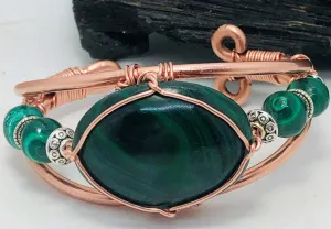 Malachite Cabochon with Malachite Side Stones  Copper Bracelet Wire wrapped Handmade