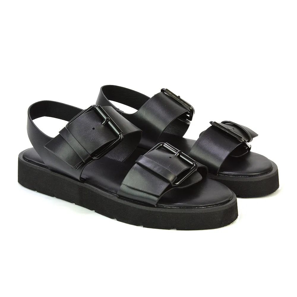 Melina Double Buckle Up Slingback Strappy Flatform Flat Sandals in Black