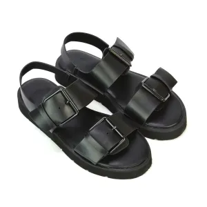 Melina Double Buckle Up Slingback Strappy Flatform Flat Sandals in Black