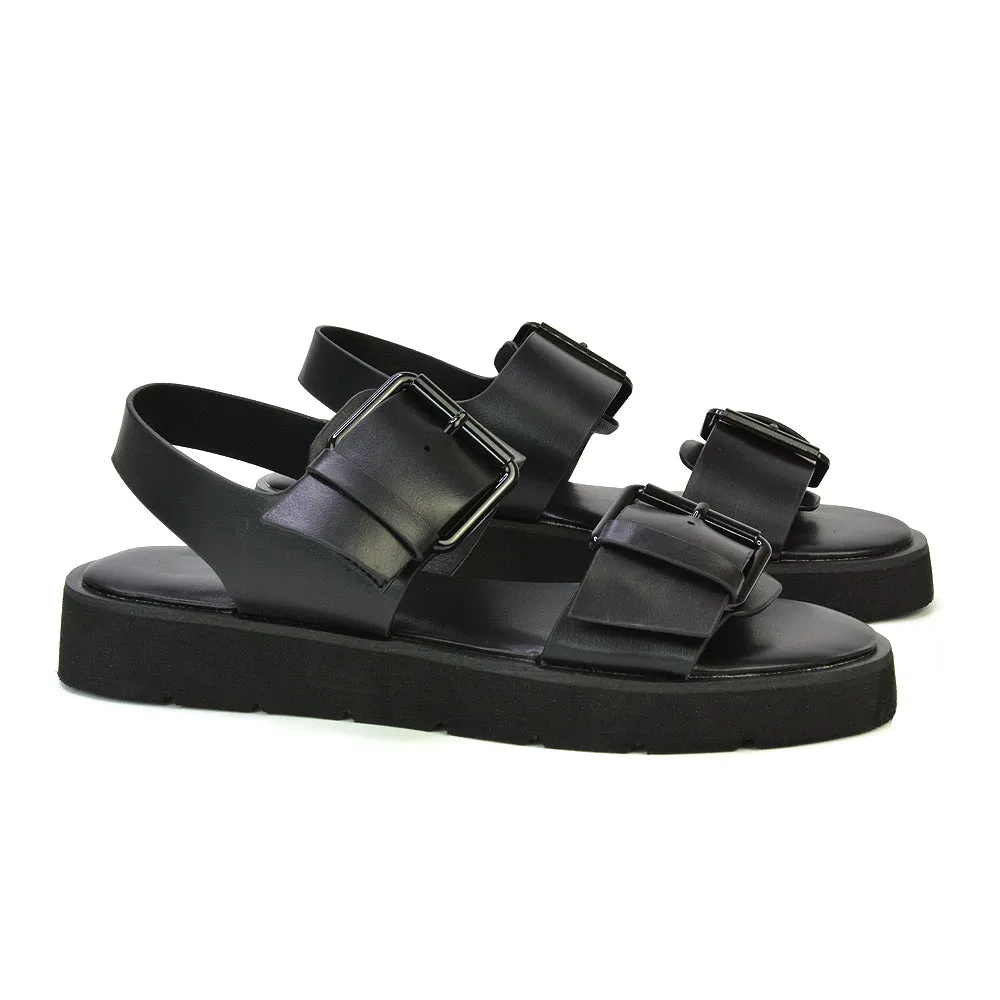 Melina Double Buckle Up Slingback Strappy Flatform Flat Sandals in Black