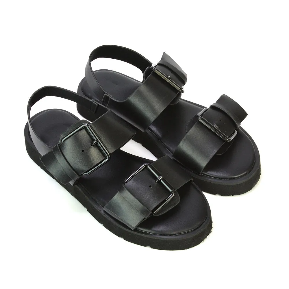 Melina Double Buckle Up Slingback Strappy Flatform Flat Sandals in Black