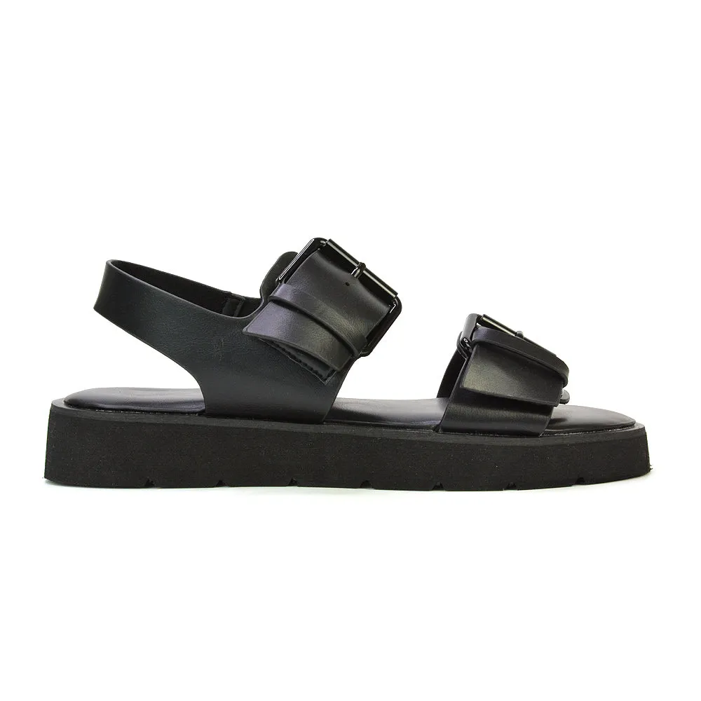 Melina Double Buckle Up Slingback Strappy Flatform Flat Sandals in Black