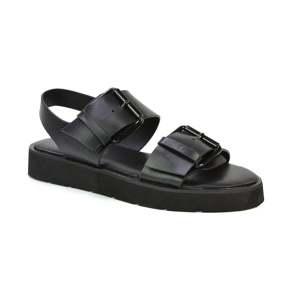 Melina Double Buckle Up Slingback Strappy Flatform Flat Sandals in Black
