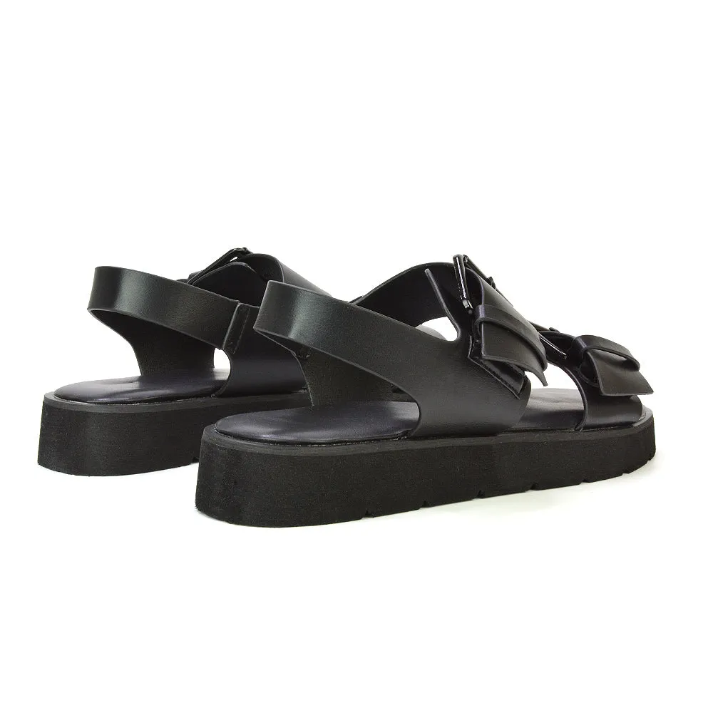 Melina Double Buckle Up Slingback Strappy Flatform Flat Sandals in Black