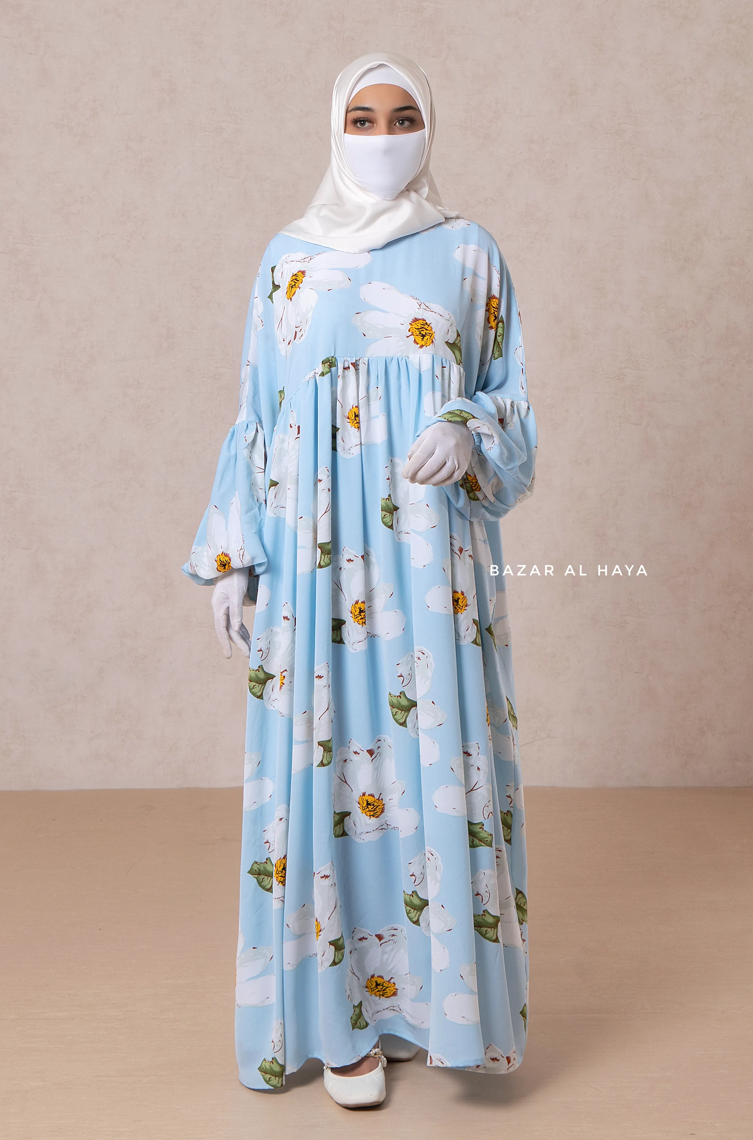 Muna Baby Blue Loose Fit Summer Abaya Dress - Viscose Cotton & Daisy Flower Print