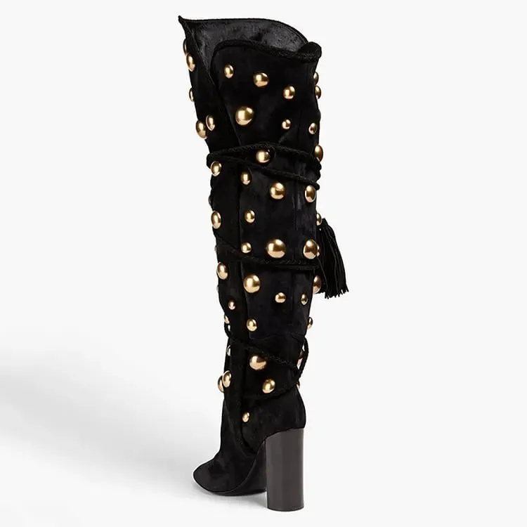 Pre Order:  Gold Studded Tasseled Knee Boots