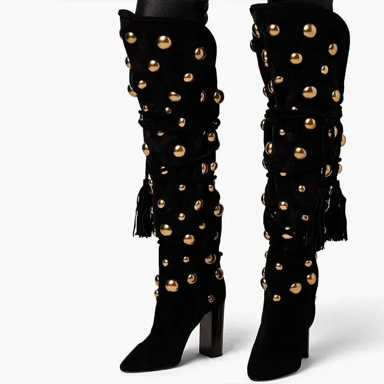 Pre Order:  Gold Studded Tasseled Knee Boots