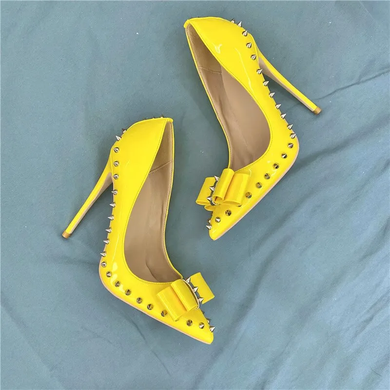 Rivet Studded and Lined High Heel Shoes with Bow Accent