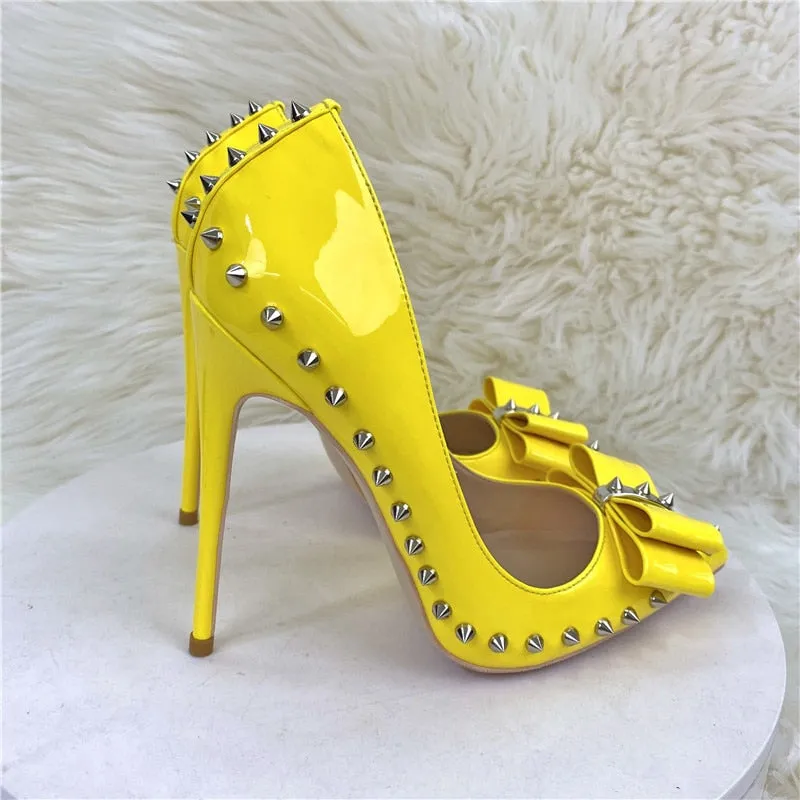 Rivet Studded and Lined High Heel Shoes with Bow Accent