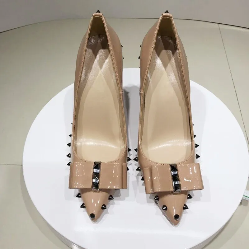 Rivet Studded and Lined High Heel Shoes with Bow Accent