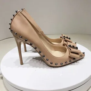 Rivet Studded and Lined High Heel Shoes with Bow Accent