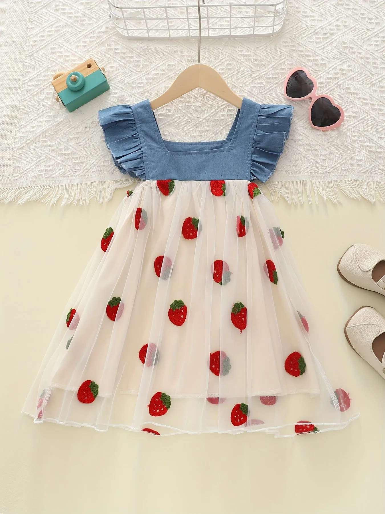Strawberry Sweetheart Gauze Dress - Delicate Mesh Stitching, Lightweight & Airy, Perfect for Vacation Casual Wear - A Thoughtful Summer Gift for Girls