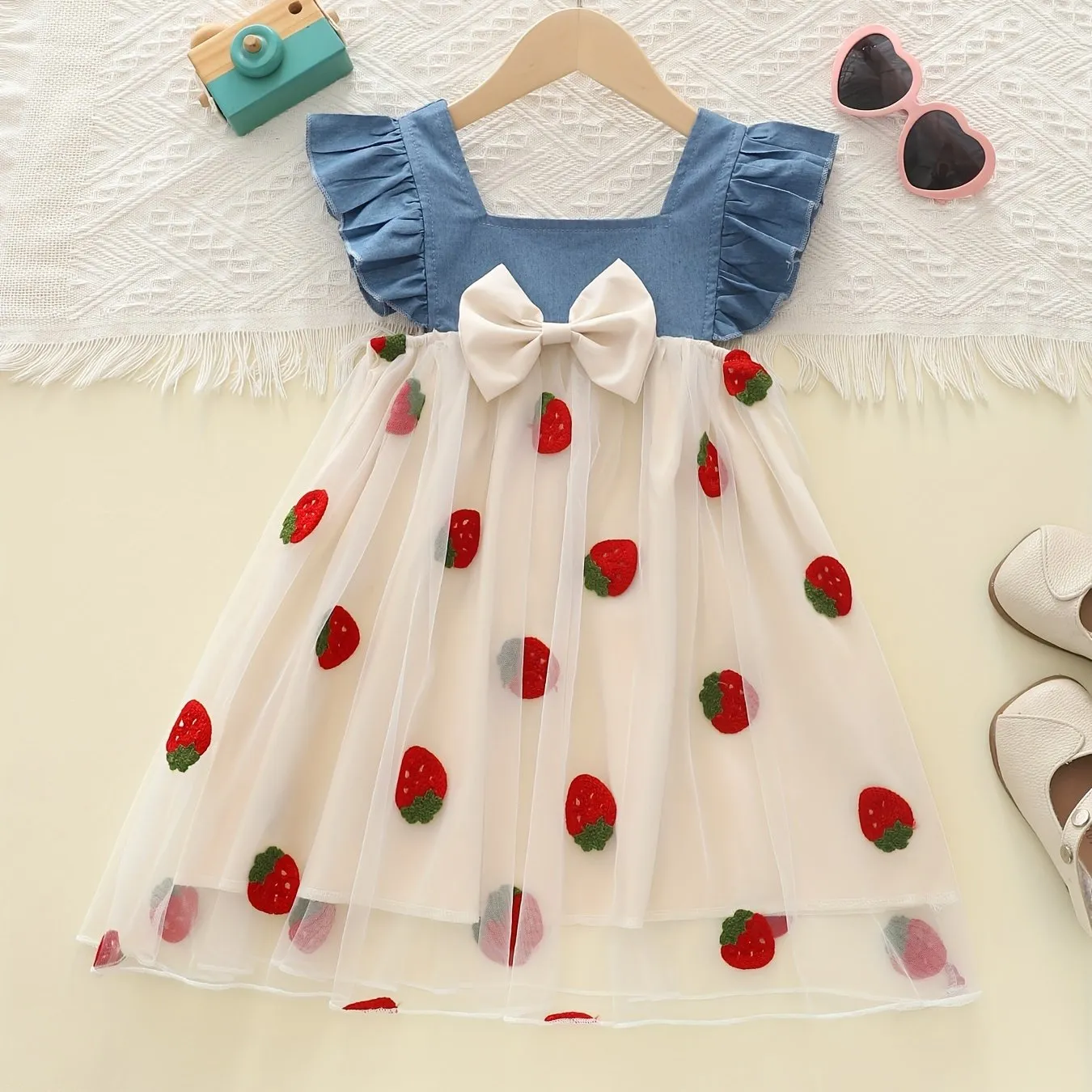 Strawberry Sweetheart Gauze Dress - Delicate Mesh Stitching, Lightweight & Airy, Perfect for Vacation Casual Wear - A Thoughtful Summer Gift for Girls