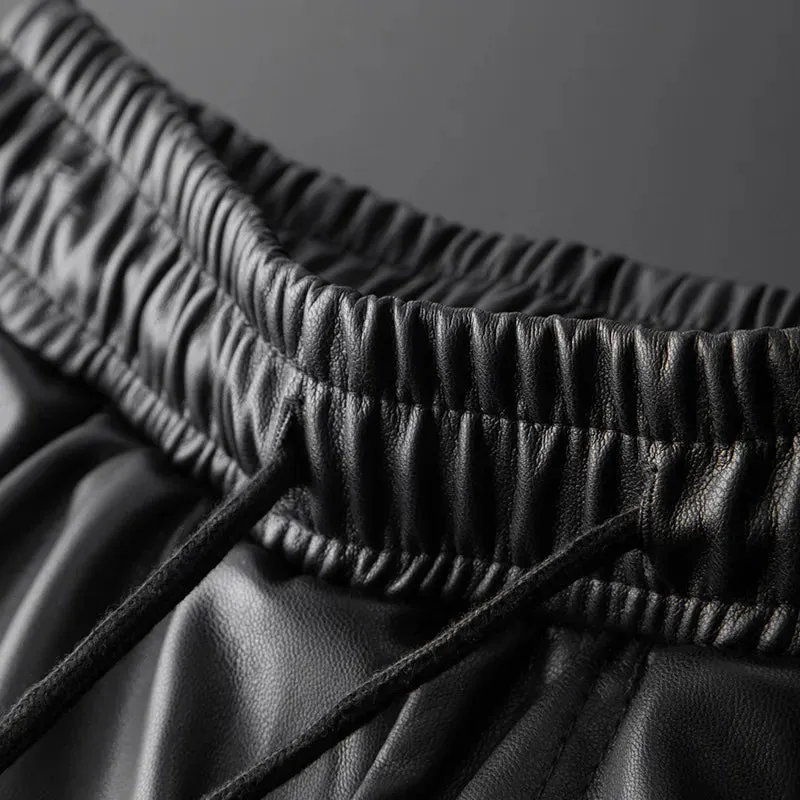 Thoshine Brand Men Leather Pants Superior Quality Elastic Waist Jogger Pants Zipper Pockets Faux Leather Trousers Pencil Pants 201126