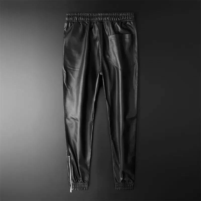 Thoshine Brand Men Leather Pants Superior Quality Elastic Waist Jogger Pants Zipper Pockets Faux Leather Trousers Pencil Pants 201126