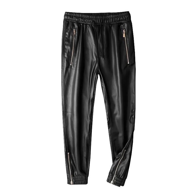Thoshine Brand Men Leather Pants Superior Quality Elastic Waist Jogger Pants Zipper Pockets Faux Leather Trousers Pencil Pants 201126