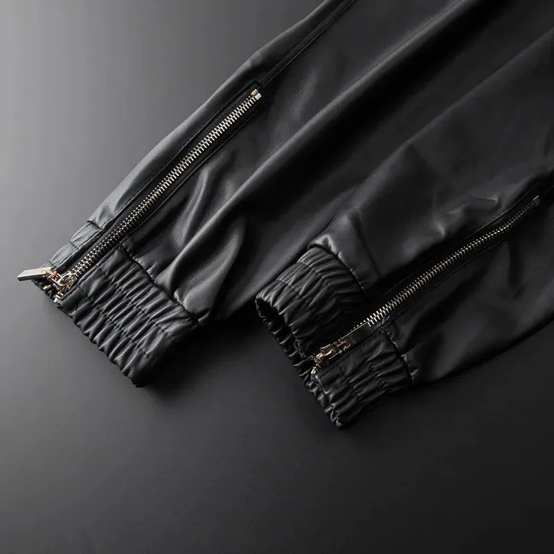 Thoshine Brand Men Leather Pants Superior Quality Elastic Waist Jogger Pants Zipper Pockets Faux Leather Trousers Pencil Pants 201126