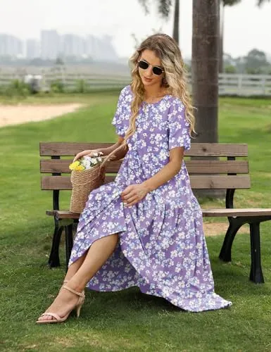 YESNO Women Casual Loose Bohemian Floral Dress with Pockets Short Sleeve Long Maxi Summer Beach Swing Dress 2XL EJF CR345