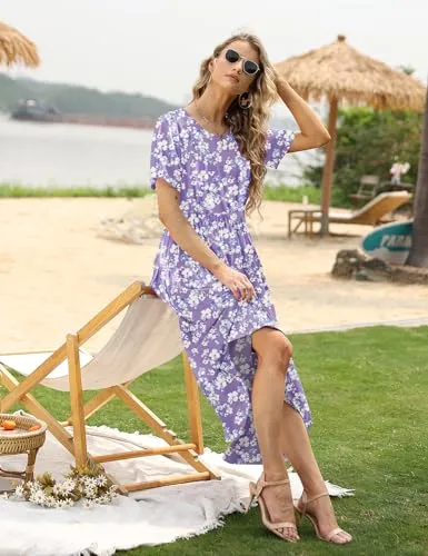YESNO Women Casual Loose Bohemian Floral Dress with Pockets Short Sleeve Long Maxi Summer Beach Swing Dress 2XL EJF CR345